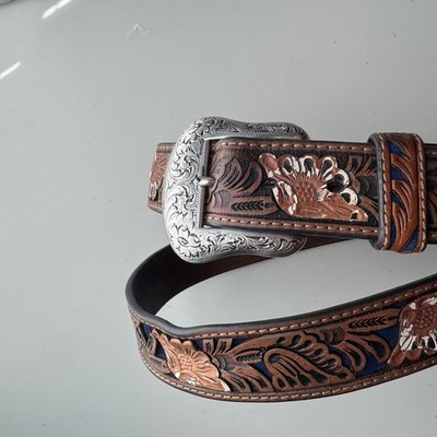 Nocona Leather Belt Mens Size 46 Floral Tooled Brown Leather Silver Filligree