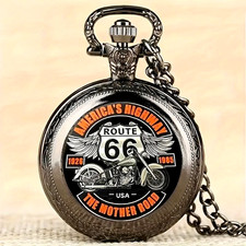 Vintage Route 66 Men Quartz Pocket Watch Americana Motorcycle Design Gift