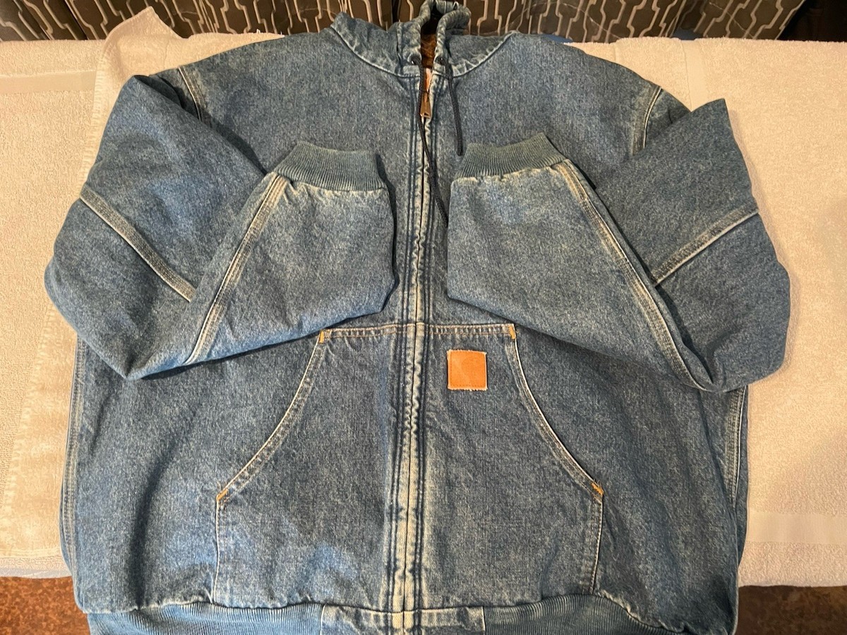 Vintage Carhartt J08 DST Denim Flannel Lined Hooded Jacket XL Blue