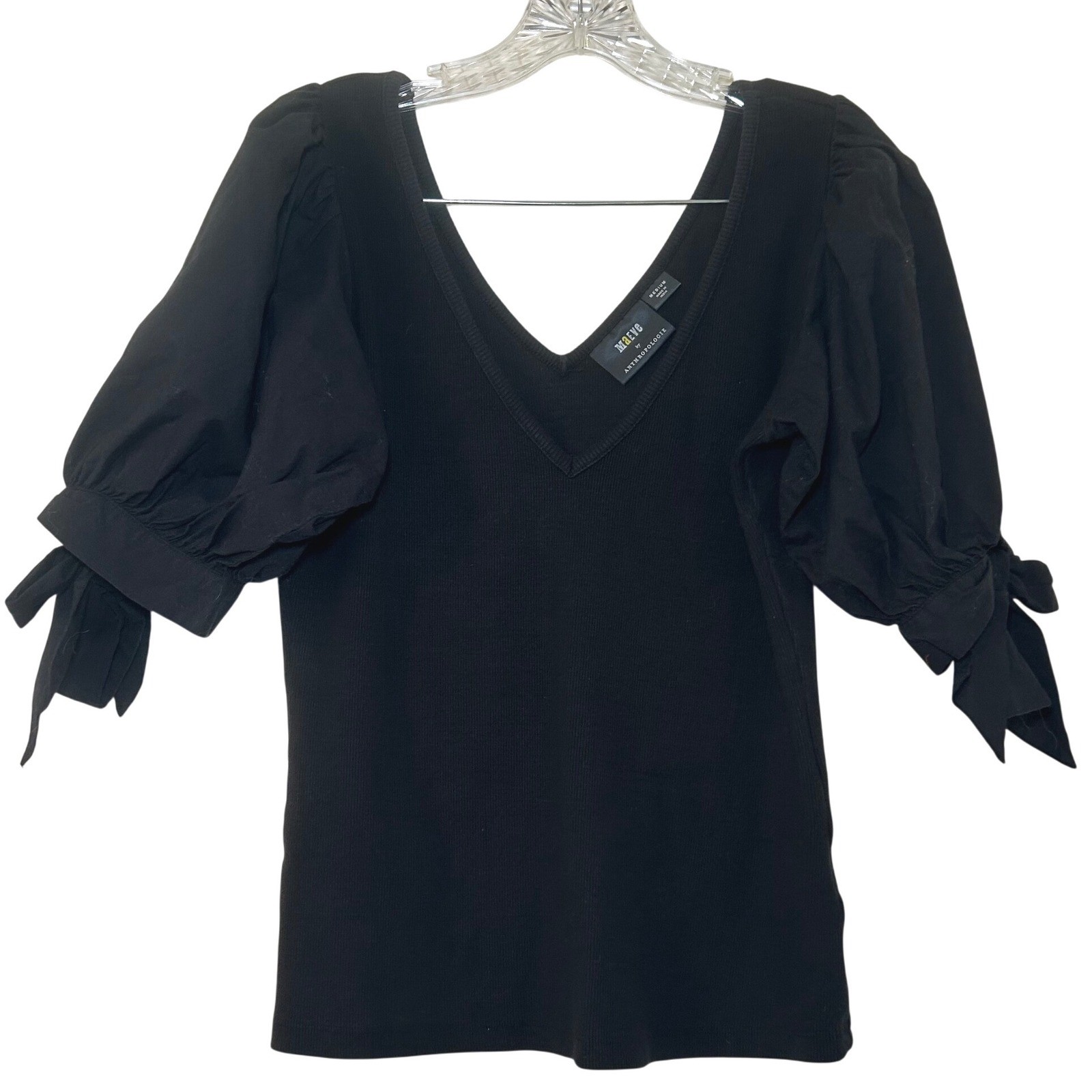 Maeve Anthropologie Black Ribbed Puff Sleeve Tie Cuff V-Neck Top Medium minimal