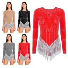 Women Unitard Yoga Jumpsuit Sport Leotard Dance Shiny Tassel Athletic Ballet