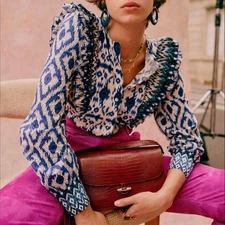 Sezane Boby Blouse Blue Ikat S 36 Women Printed Ruffle Shirt Boho Top NWT 45356