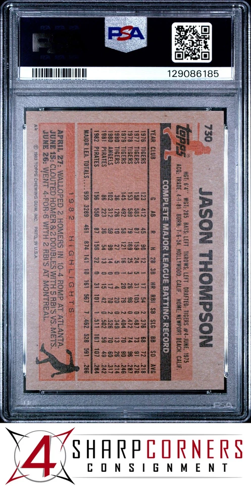 1983 TOPPS #730 JASON THOMPSON PIRATES PSA 10 - Image 2 of 3