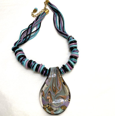 Murano Kunst Glas Halskette lila türkis modern Wirbel Anhänger Perlen Seil Statement