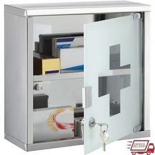Lockable Medicine Cabinet Wall Mount Stainless Steel First Aid Storage Organizer