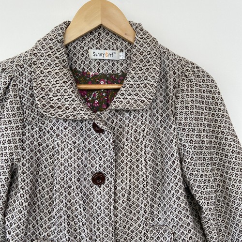 SUNNY GIRL Womens Brown Tweed 3/4 Sleeve Floral Lined Collar Cropped Jacket S 10 - Picture 3 of 11