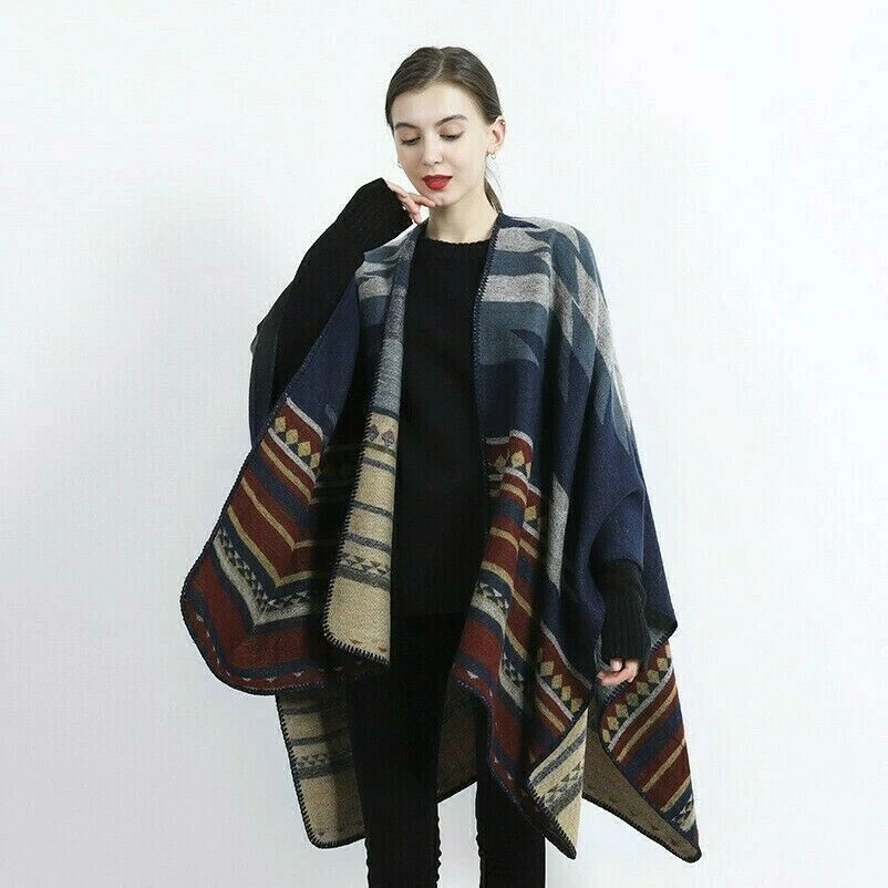 Abacus Damen Poncho Cape Schal Mantel Boho Strickjacke Ethnisch Rot Blau Grau L - Bild 1 von 4
