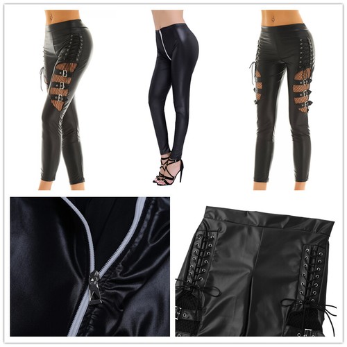 Para Mujeres Pantalones Wet look Elástico Cuero Con Cordones Pantalones  Lápiz Ajustados Leggings | eBay
