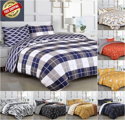 Reversible Duvet Cover Quilt Bedding Set Brushed Fabric Single Double King Size