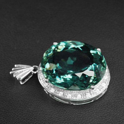925 Sterling Silver White Gold Plated Lagoon Green Tourmaline Oval Pendants 28Ct - Picture 4 of 7