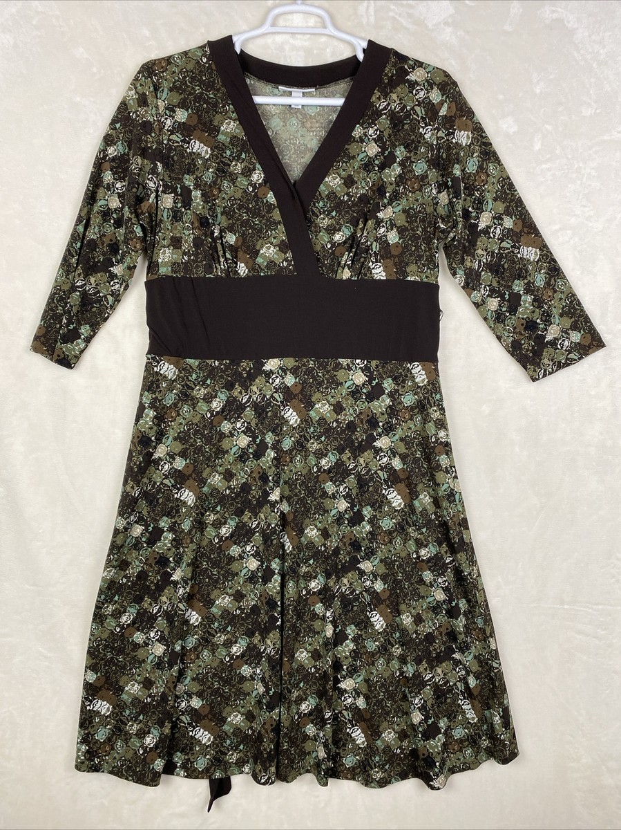 Dressbarn Dress Womens 16W Jersey Green Brown Geo Tie Work Office