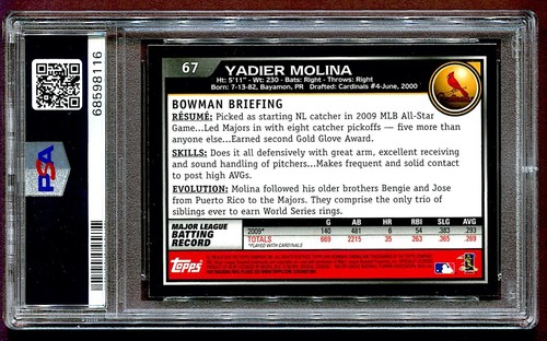 2010 YADIER MOLINA #67 BOWMAN CHROME PSA 8 NM MINT *SHIPPING IS FREE / POP 1 - Picture 2 of 2