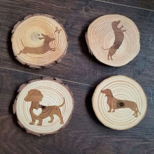 Weiner Dog Dachshund Doxin Laser Engraved Wood 4pc Coaster Set Rustic Wood Slice