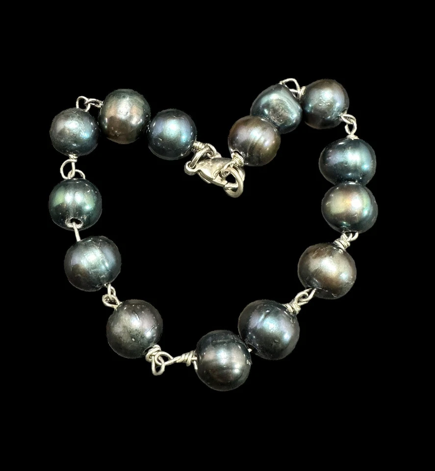 Pulsera de perlas azul medianoche cadena plateada 7 1/4 pulgadas Foto 4 de 4