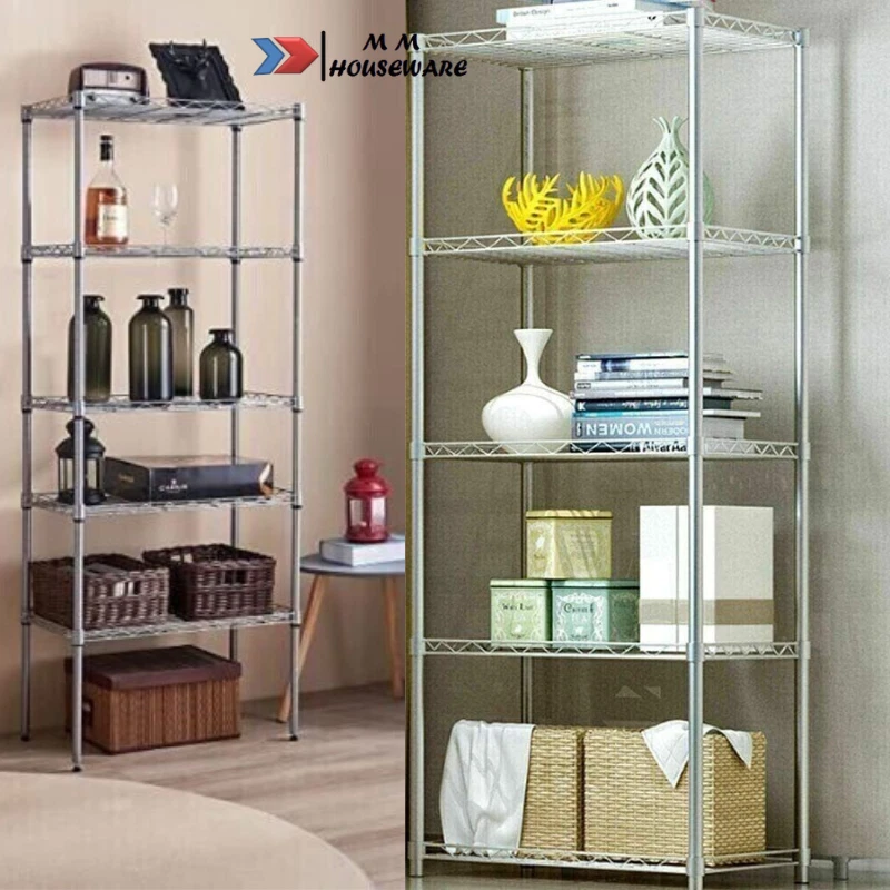 5 Tier Shelving Unit Storage Rack Silver Metal Wire Shelf Kitchen