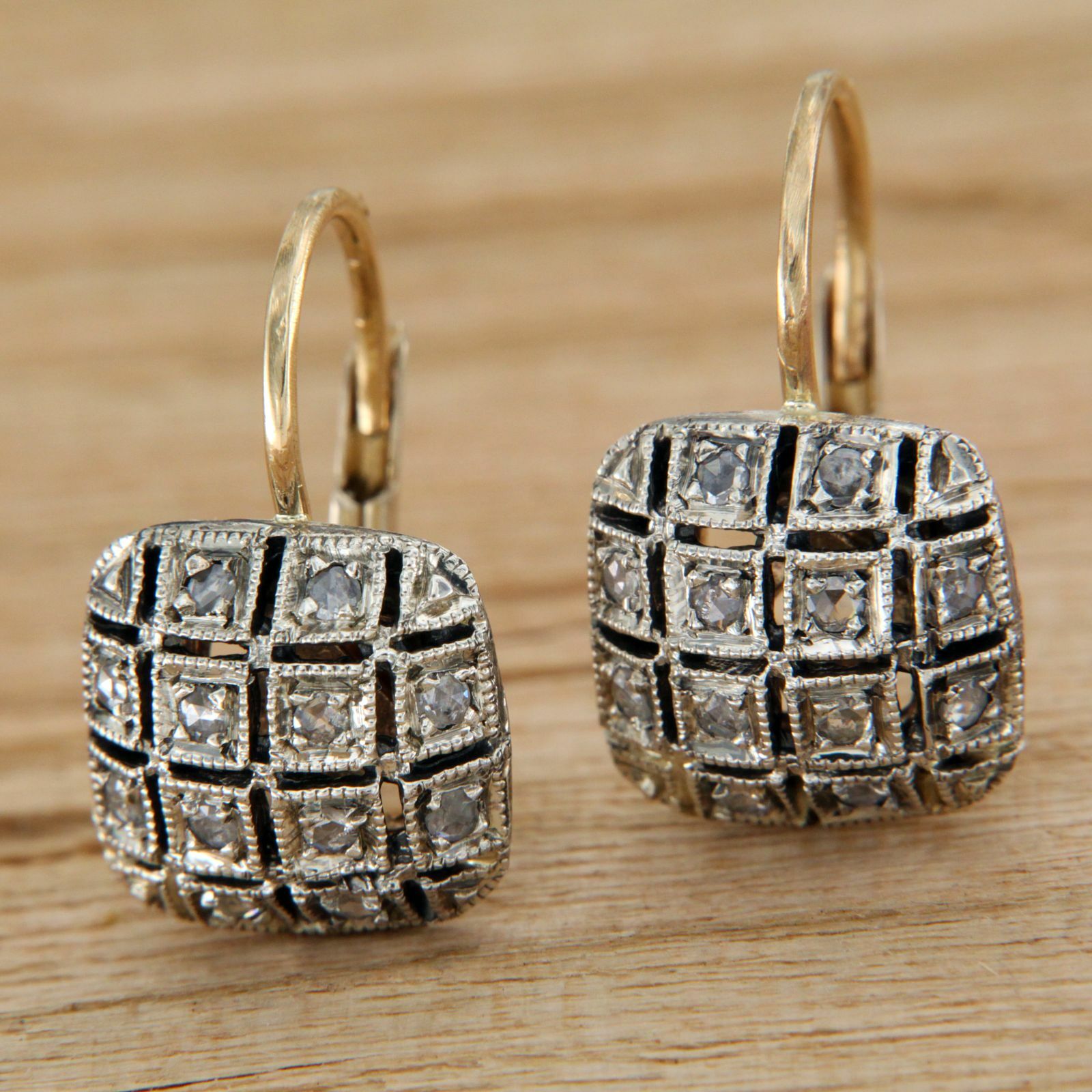 Boucles D'Oreilles Or Jaune 14k Avec Diamants - Dormeuses