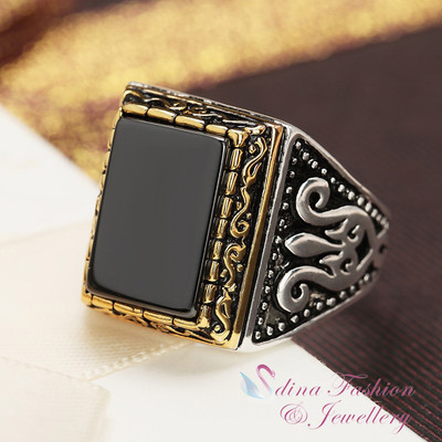 Mens Heavy Oval Black Lace Agate Ring In Solid Sterling - Foto 4