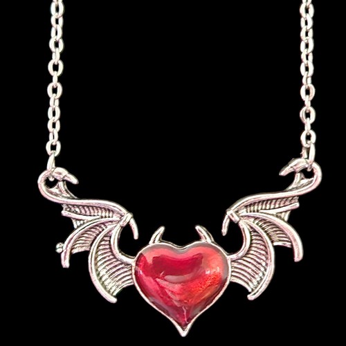 Rotes Herz Teufel geflügelte Halskette ~ Antik Silber Look Gothic Steampunk Geschenk - Bild 3 von 4