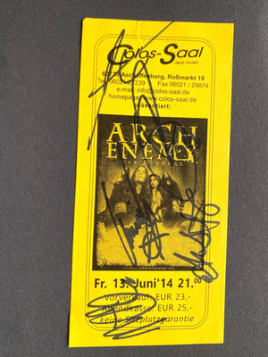 ARCH ENEMY 2014 In-person signed Eintrittskarte 7x15 Autogramm
