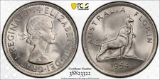 Australia, 1954 Elizabeth II Florin. PCGS MS 65. 4,000,000 Mintage.