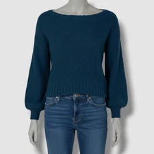 Bar III Women's Blue Bishop-Sleeve Fuzzy Textured Pull-Over Sweater Size L