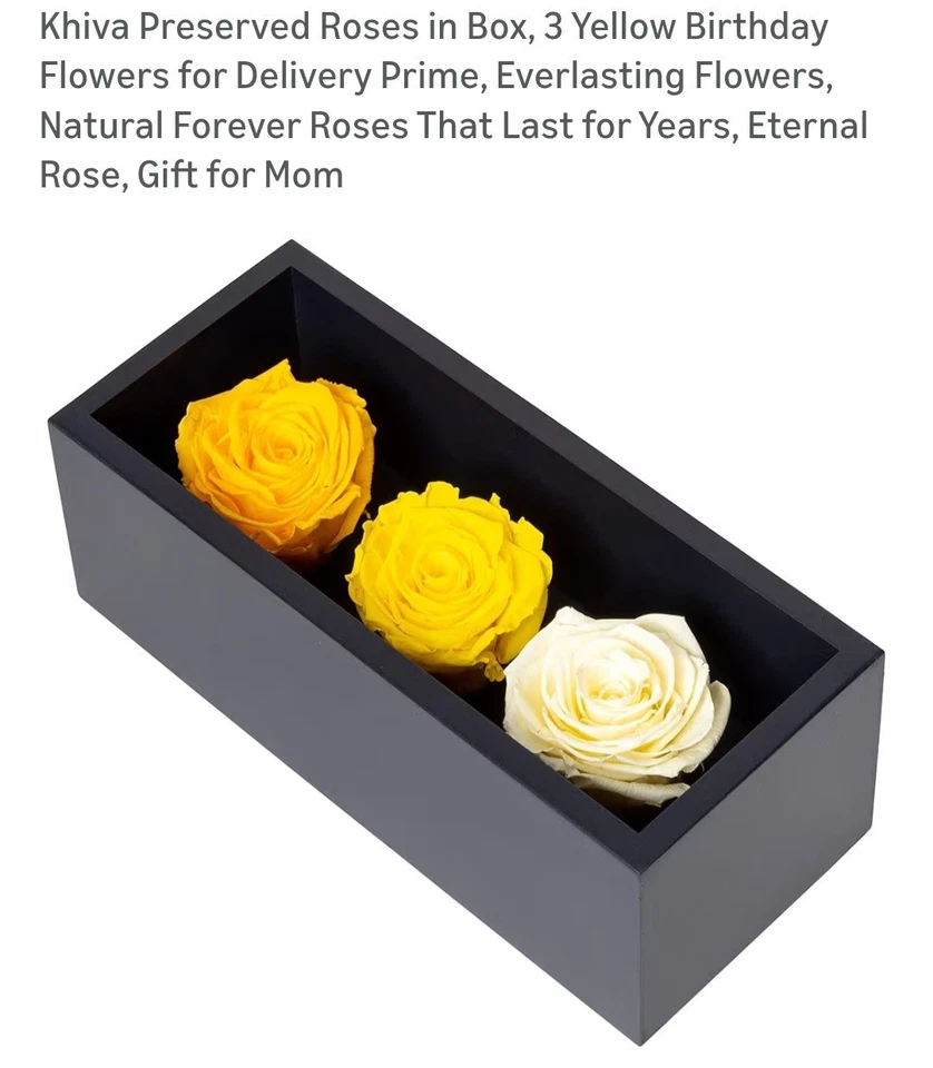 Khiva 3 brotes de rosas preservadas AMARILLO, PÁLIDO, BLANCO 9"×4"×3" en caja de madera Foto 3 de 4