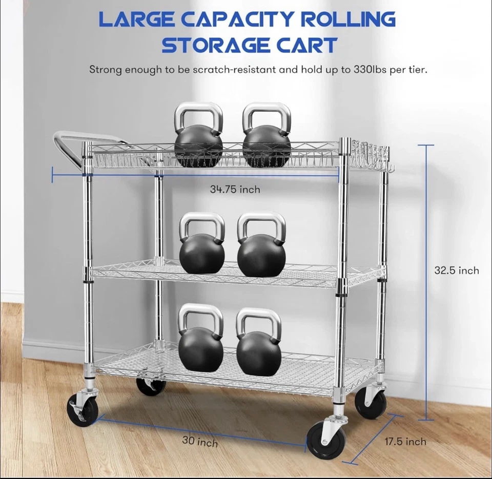 Carro utilitario de alta resistencia con mango de 990 lb de capacidad de metal carros rodantes de 3 niveles Foto 3 de 4