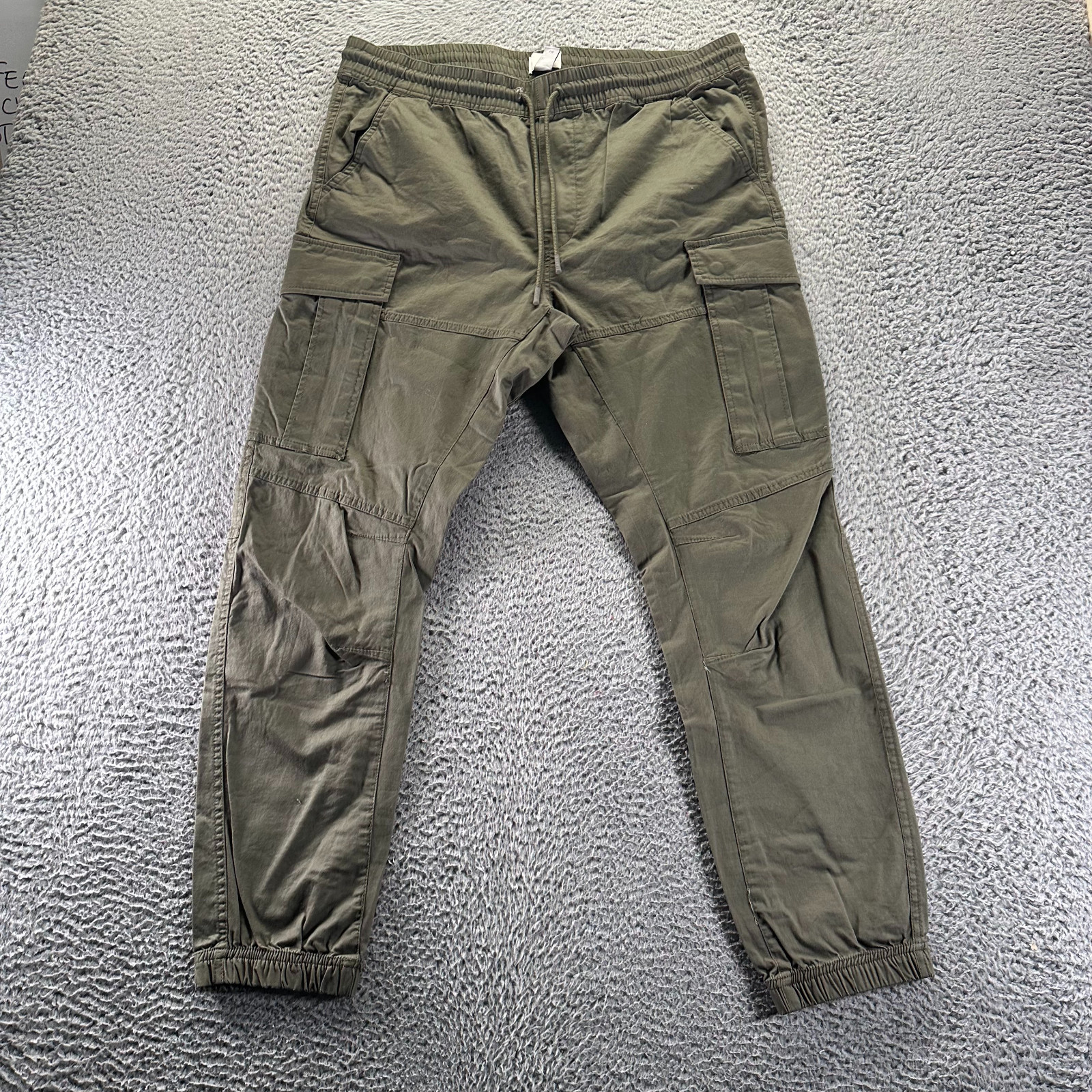 H&M Pant Mens L Green Cotton Cargo Tapered Leg Slim Fit Utility Workwear Travel