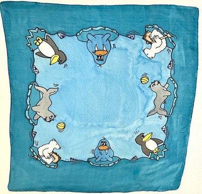 Vintage Hand Painted Arctic Animal Silk Scarf Walrus Seal Polar Bear Penguin 