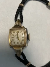 Elgin DeLuxe Ladies 10k Gold Filled Wrist Watch With Black Band *Not Working*