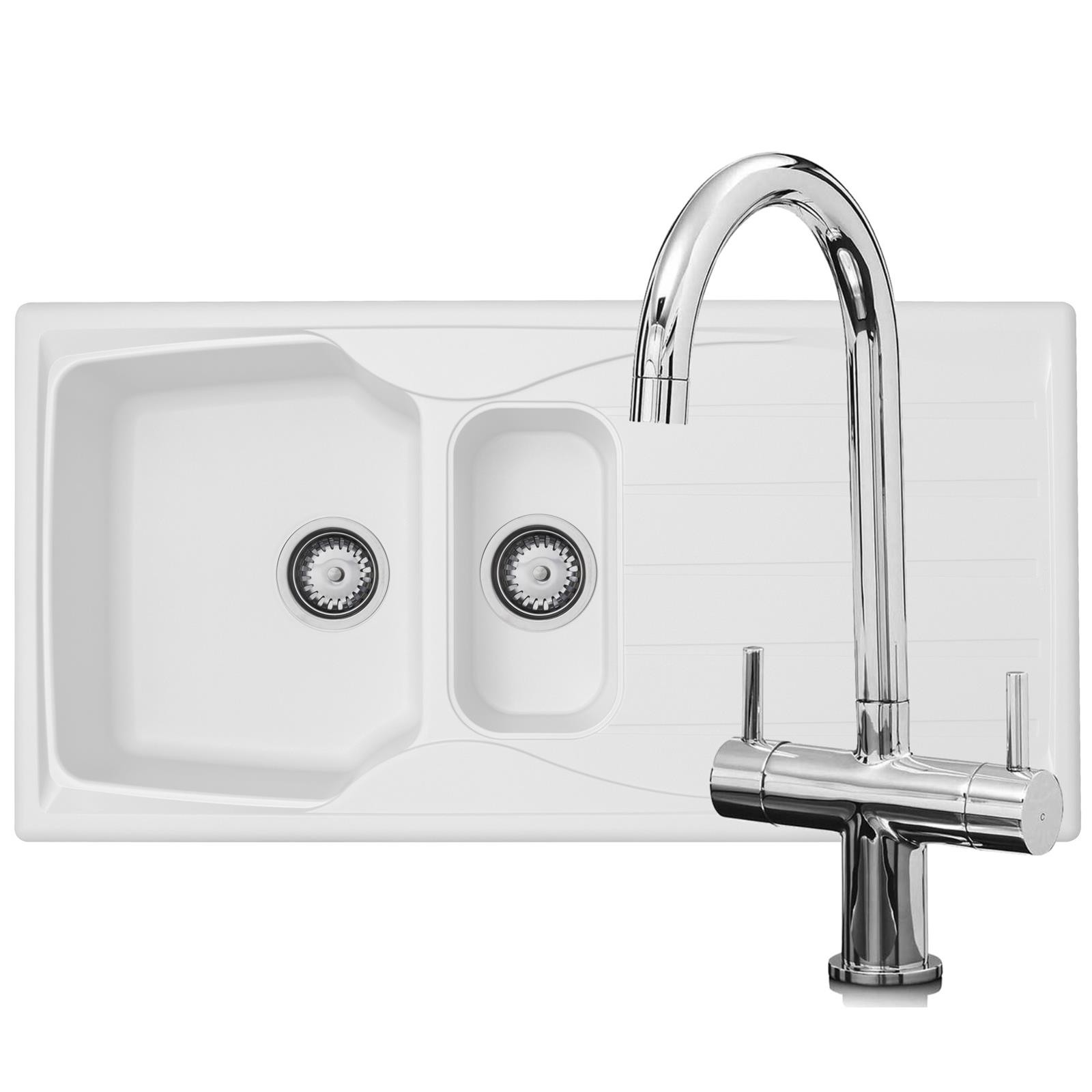 Liquida CMP15WH 1.5 Bowl White Kitchen Sink With W03CH Chrome Mixer Tap