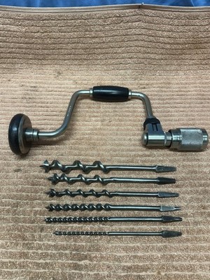 Vintage Bell System B Bit Brace Ratcheting Hand Drill & 5 Boring Auger Bits ~USA