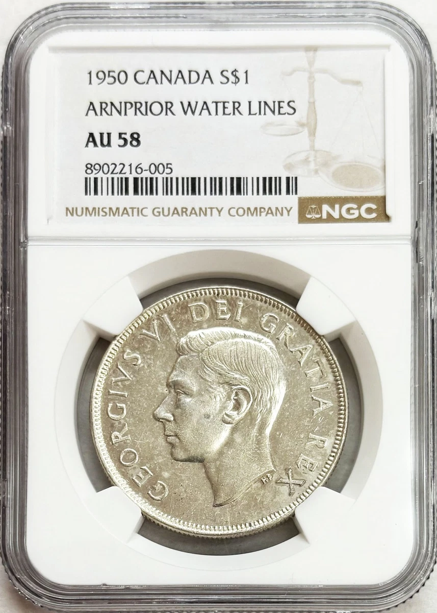 1950 SILVER CANADA $1 ARNPRIOR WATER LINES DOLLAR COIN NGC ABOUT UNC 58