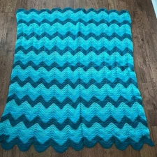 Vintage Ripple Teal Baby Afghan Knit Throw or Crib Blanket 44x50