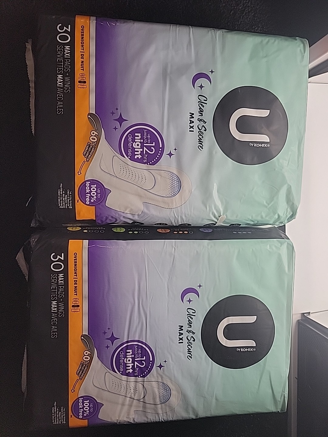U By Kotex Clean & Secure Maxi Overnight Pads + Wings Lot Of 2 (60ct)