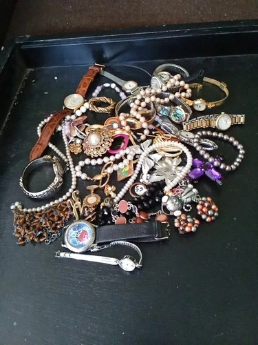 Vintage Junk Drawer Lot Costume Jewelry Watches Pins