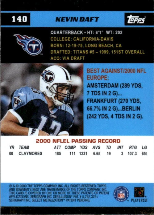 2000 Bowman's Best Kevin Daft #140 Tennessee Titans 16G - Image 2 of 2
