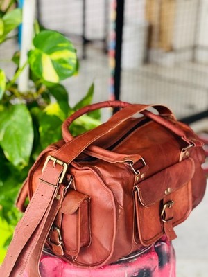 Ziege Leder Brown Turnhalle Duffle Reise Campus Tasche Taschen Vintage 33cm