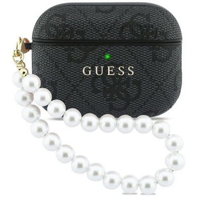 Hülle Case AirPods Pro 3 Guess Kunstleder grau Logo goldfarben mit Kette