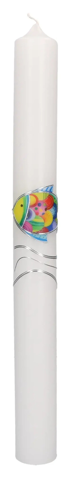 Taufkerze mit Wachsmotiv - Regenbogenfisch mit Wellen in Silber | Wachs