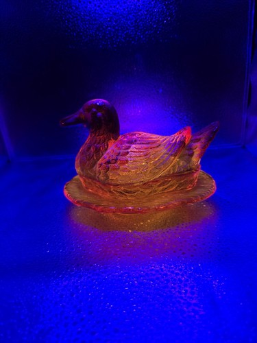 LE Smith Duck on Nest Cadmium Amberina UV Glow Covered Dish Candy Bowl Glass - Picture 12 of 14