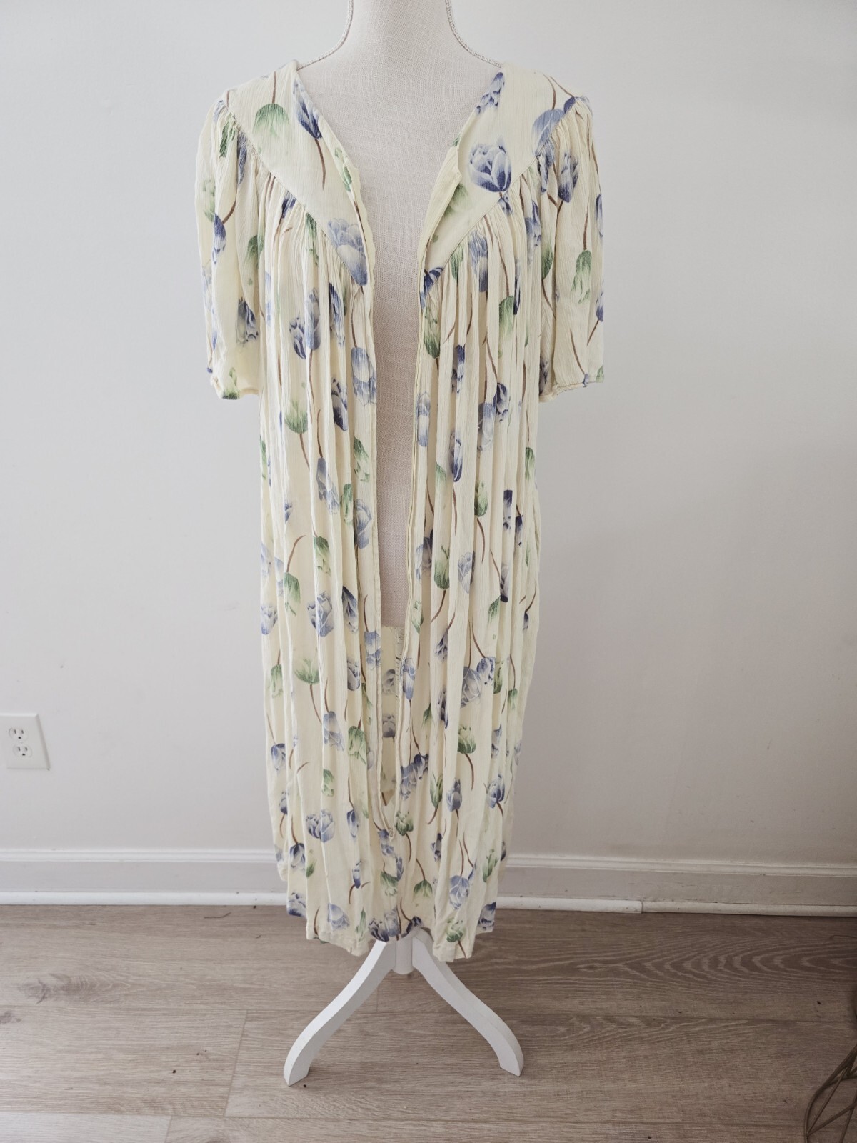 Go Softly Patio Yellow Blue Floral Flowers Front Zip Rayon Mumu House Dress S