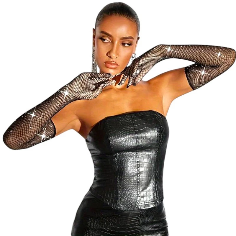 Guanti Opera Lunghi al Gomito Neri in Rete Trama Maglia Fine + Cristalli Strass - Immagine 2 di 4