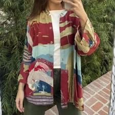 Citron Santa Monica 2X Kimono Shirt Floral Print 3/4 Sleeve Blouse One Size