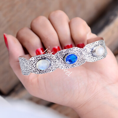 Rainbow Moonstone & Tanzanite Gemstone 925 Sterling Silver Dainty Bangle Cuff