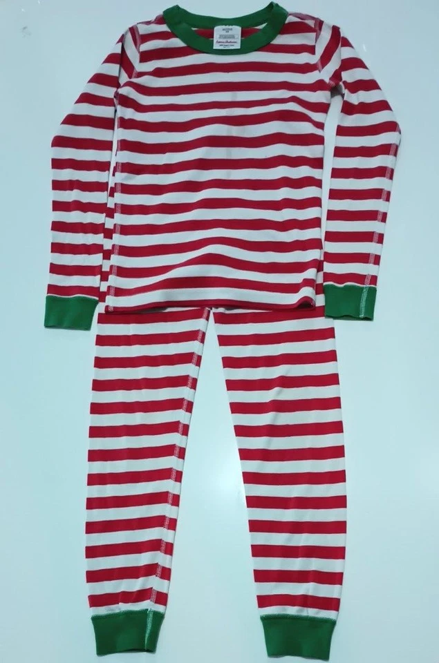 Hanna Anderson Red White Green Stripe Long John Pajamas Organic Cotton 130 8 US - Image 3 of 4