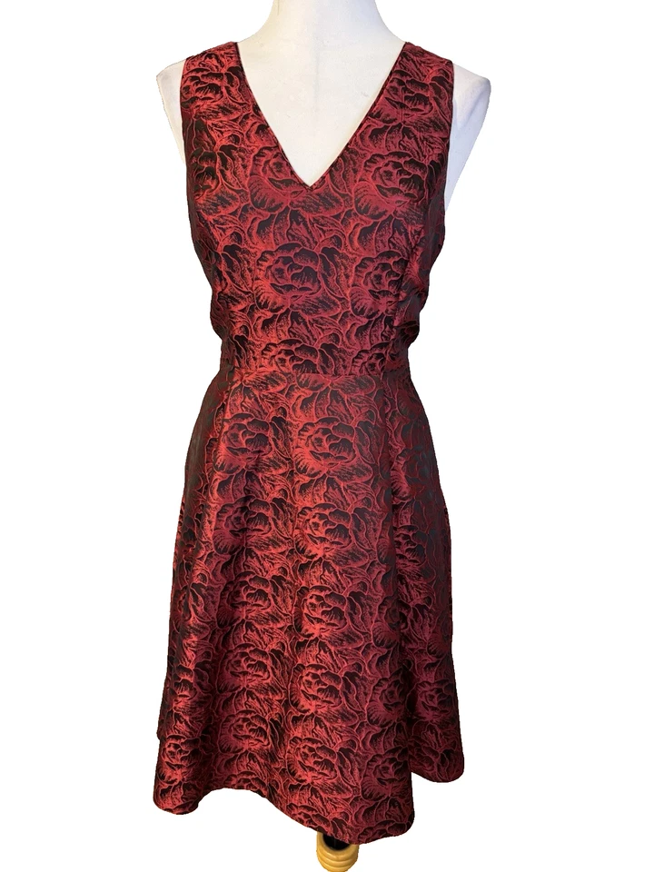 WHBM Dress 8 Red Black Floral Sleeveless A Line Party Wedding Pockets Washable - Image 3 of 4