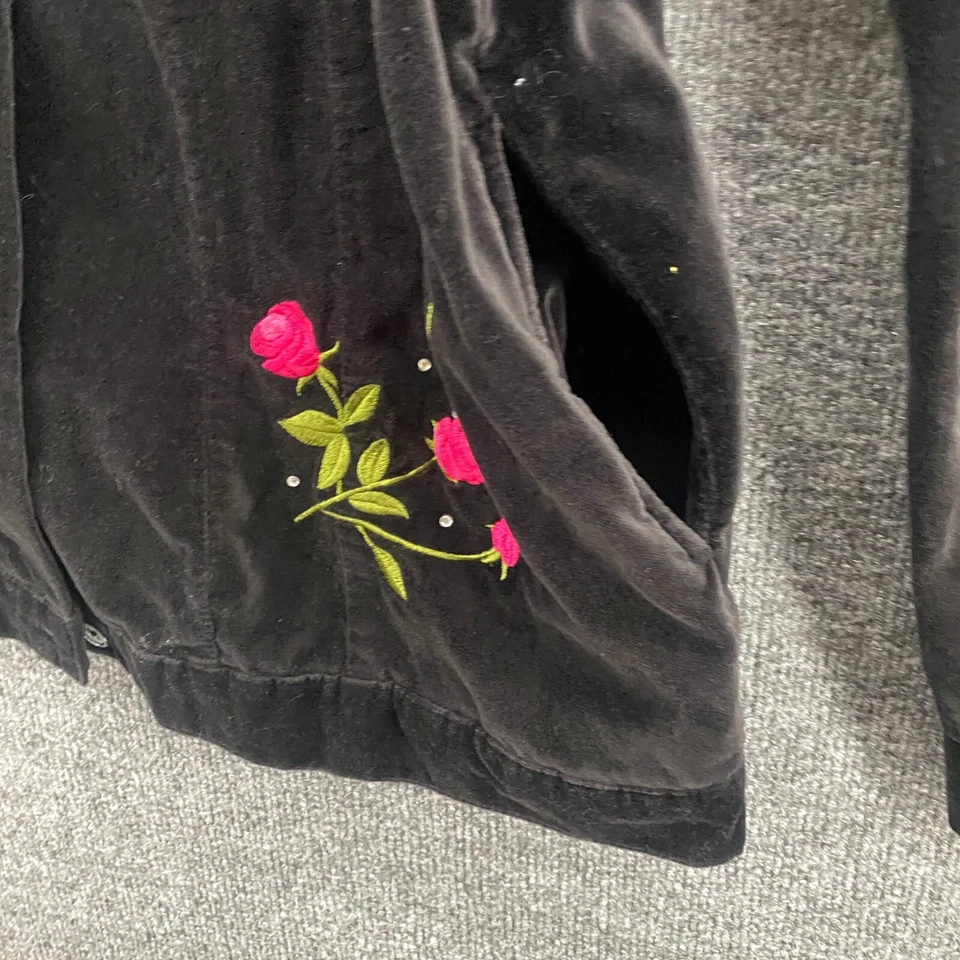 The Quacker Factory Jacket Womens L Black Velvet Button Up Embroidered Floral - Image 3 of 4