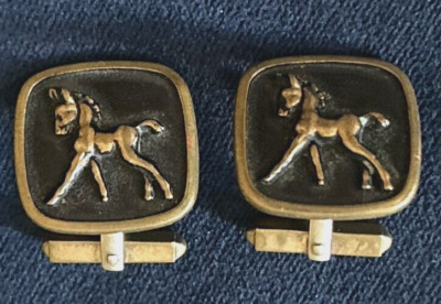 Hickok Bronze Cufflinks.  Frisky Colts in Deep Relief on Black Matte Enamel. 60s