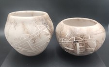 2-Native American Navajo Horsehair Raku Pottery Vases Signed Vail .